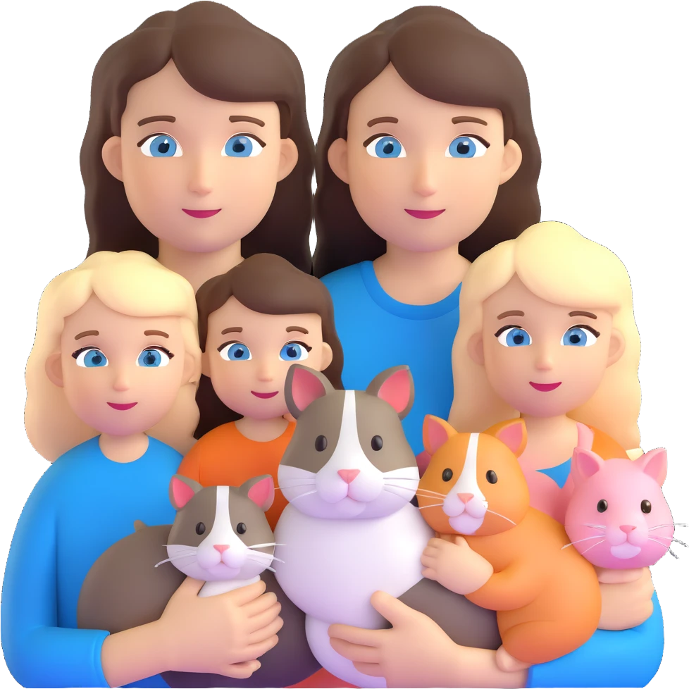 Family portrait with father with dark brown hair and blue eyes, mother with light brown hair and blue eyes, three blonde little girls with blue eyes, plus a cat and two guinea pigs emoji