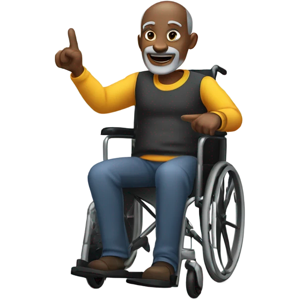 old black bald man with a round belly in wheelchair. grey stubble. he is pointing finger in front.  emoji