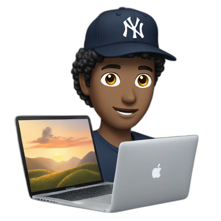 20yo Curly white man black hair with a MacBook and a yankees cap emoji
