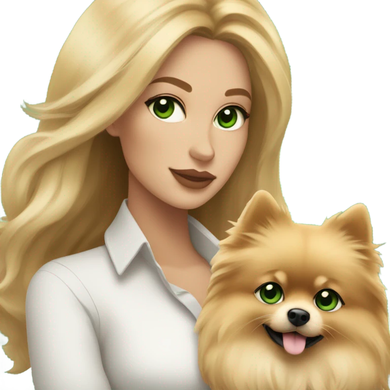 Blonde balayage long hair women with green eyes holding a Pomeranian  emoji