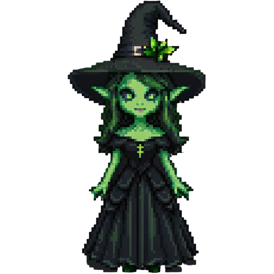 Elphaba from Wicked, green-skinned witch with a black pointed hat and black dress emoji