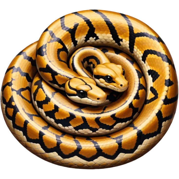 A photo-realistic top-down view of a Ball Python gently coiled into a tight spiral, with its head resting peacefully at the center. Its scales are warm brown with bold, irregular black markings, including the distinctive “alien-head” pattern, flowing smoothly along its body.  emoji