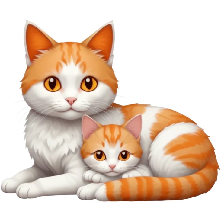 full body of a grey and white cat cuddling a very small + skinny ginger and white kitten with deep orange eyes and triangular shaped face lying down emoji
