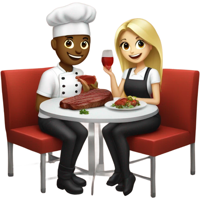 20 year old Blonde couple eating steak girl with long hair in chef outfit  emoji