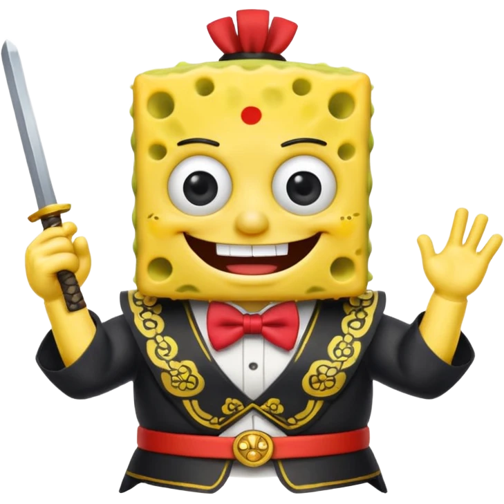 SpongeBob, wearing japan samurai custome, red bow tie emoji
