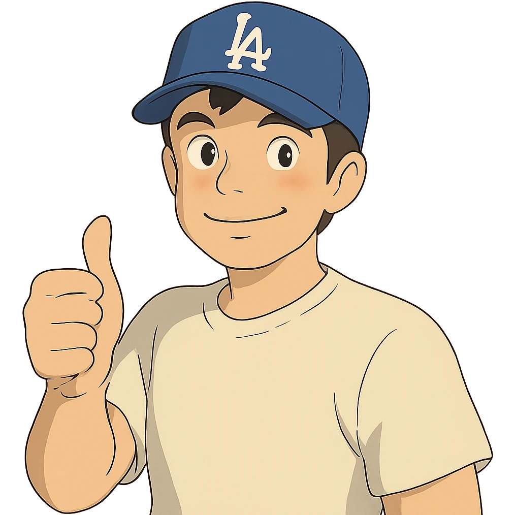 man in Dodgers hat, giving a thumbs up, ghibli style emoji