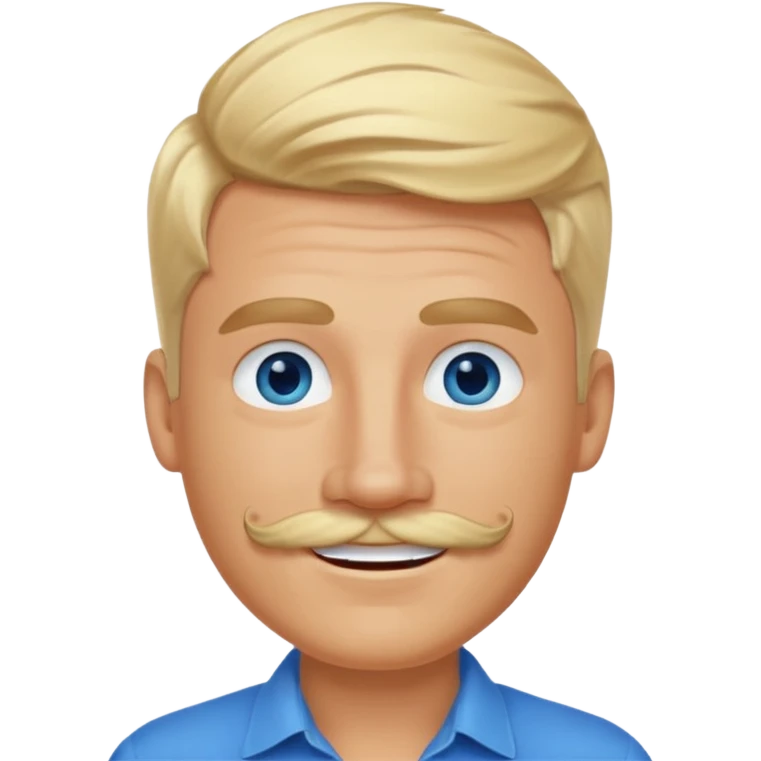 normal emoji 👨🏼 white guy with blond hair, mustache, and blue eyes. No shoulders or neck. Just head. Hair a little mussed and stylish. Smiling emoji