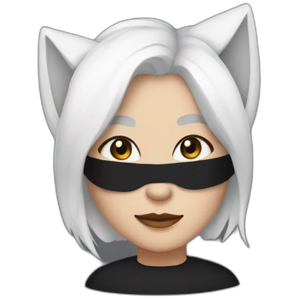 A woman with white hair and cat ears and a black mask around her eyes has white skin  emoji