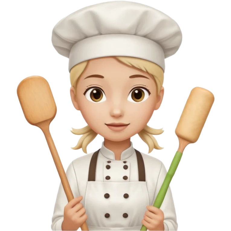 Young female pastry chef - single ponytail, apron, wearing a white hat, holding a rolling pin emoji