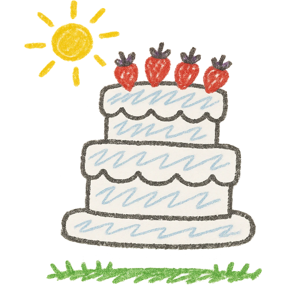 tiered white cake with strawberries on top, fun and festive, children doodle style emoji