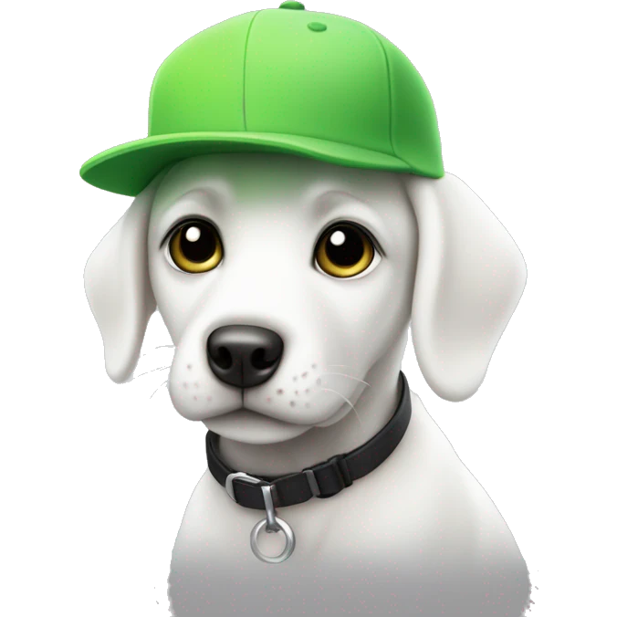 White puppy with one black ear and an engra spot on his left eye, wearing a lime green cap emoji