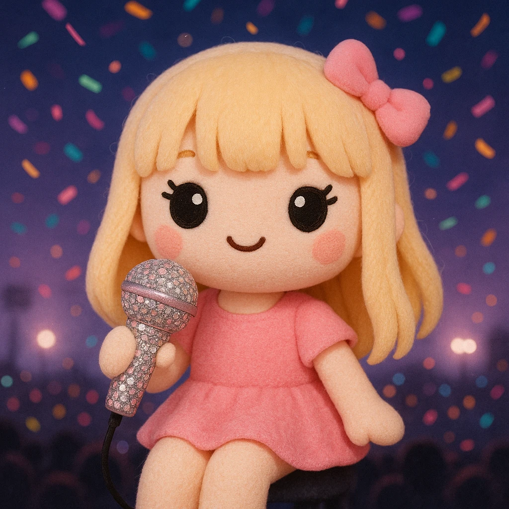 Pretty and girly Blonde pop star with bangs, holding a bedazzled microphone, reimagined as a soft kawaii plushie doll, with a nighttime concert backdrop with colorful confetti emoji