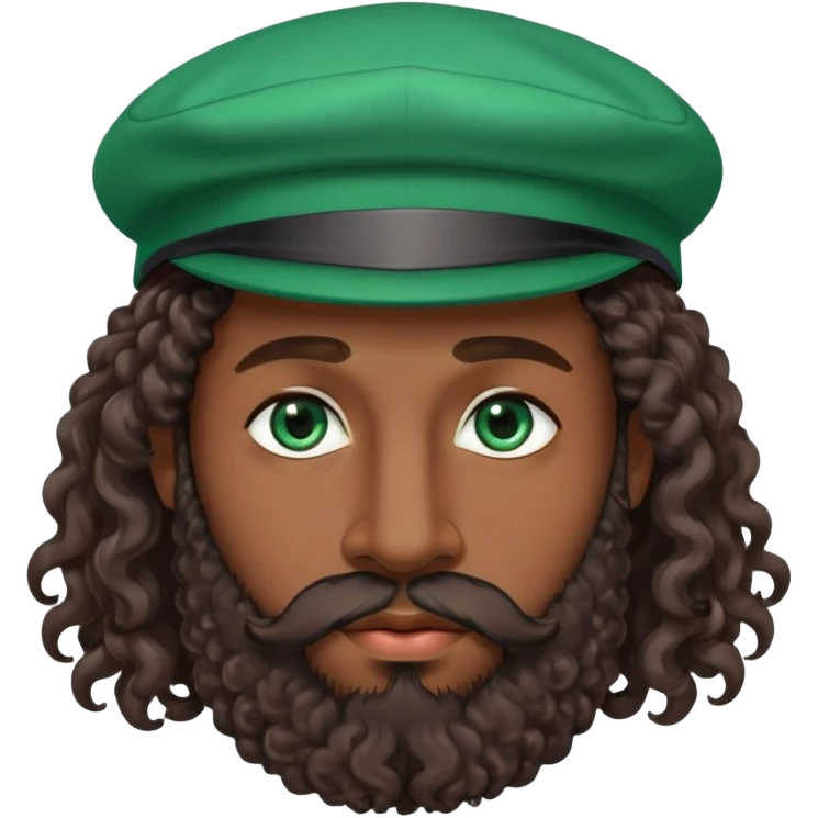 realistic man, emerald eyes, long curly hair with a cap, long well-groomed beard, dark skin, plump lips, beautiful nose emoji
