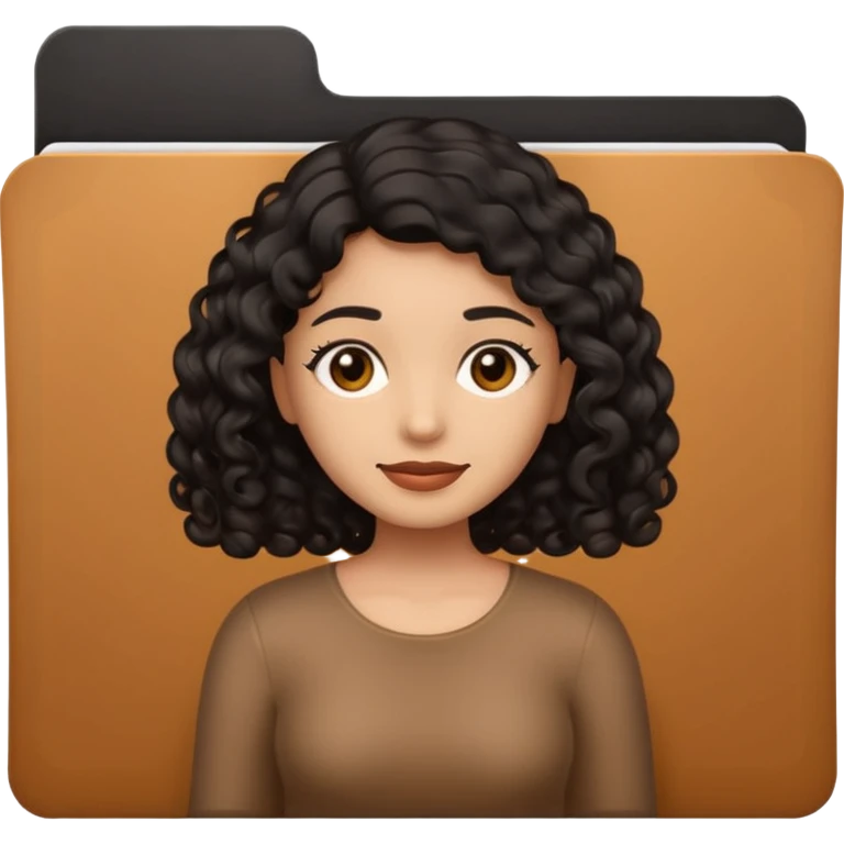 A **simple emoji-style icon** of a **black transparent plastic folder**, sleek and minimal, with **rounded corners**, subtle translucency, soft shading, and a **small logo of a dark canela-skinned latina with curly black hair** on the front.
 emoji