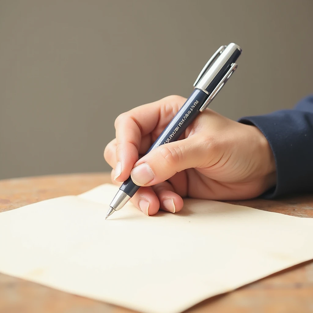 a hand holding a pen writing on paper, simplified realistic style emoji
