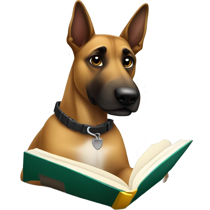 malinois prends des notes avec un livre emoji