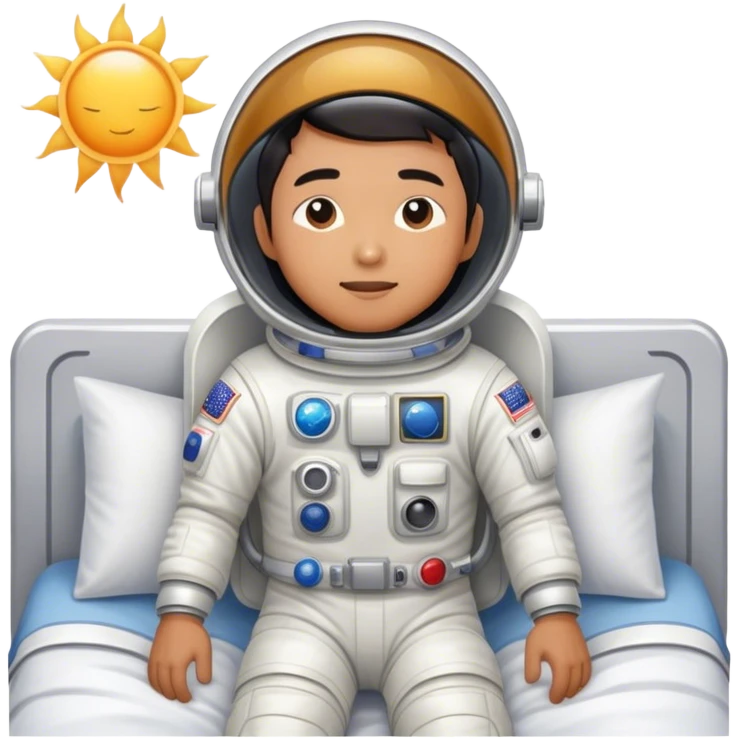 Asian man wearing in astronaut wakeup from the bed with a sun emoji