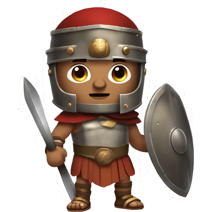 Create an emoji of a Roman gladiator, wearing a bronze helmet with a face guard, a short tunic, and holding a sword and shield. He has a fierce expression and battle scars, ready for combat. emoji