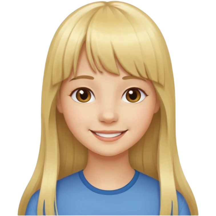 Menina branca de cabelo loiro longo de franja na testa sorrindo  emoji