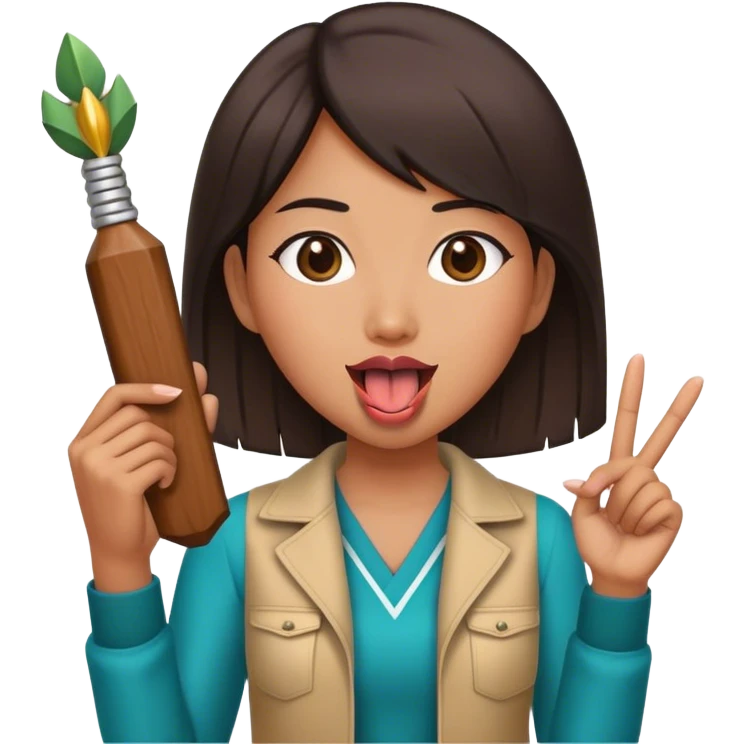 A Asian tall girl holding up two shakas while sticking her tongue out  emoji