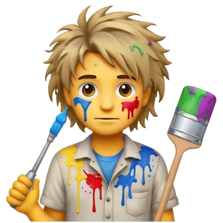confused house painter emoji with messy hair, stained shirt, holding a dripping paint roller, paint on face, chaotic background emoji
