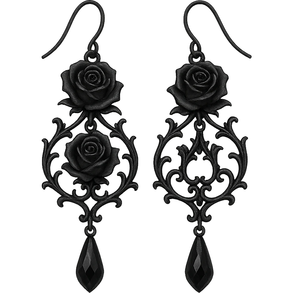 goth earrings, rose motif, black metal, dark romantic gothic emoji
