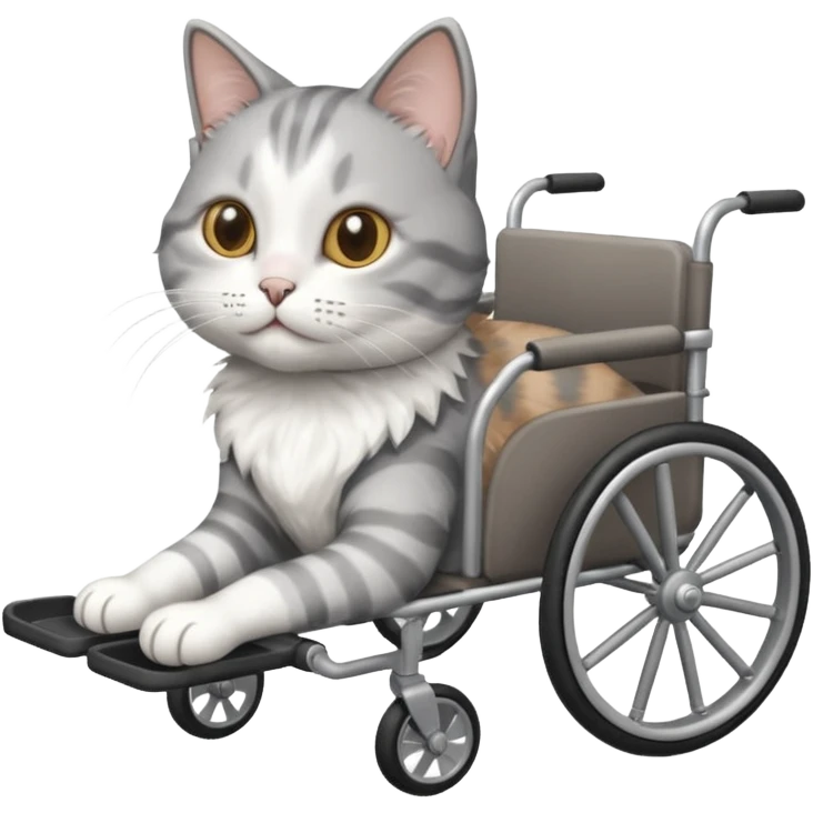 grey and white cat in a pet wheelchair emoji