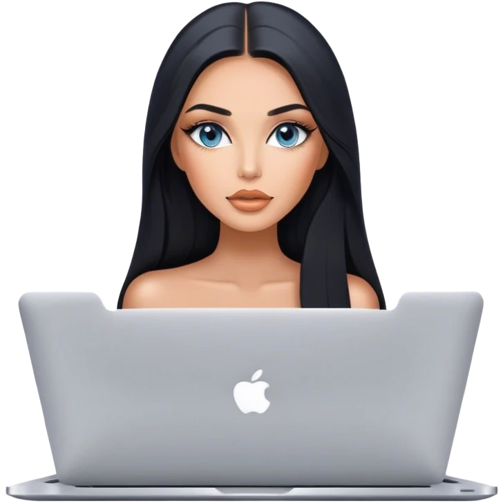 Glamours tanned very beautiful girl with pump peach nude lips and black straight smooth long hair, blue-grey eyes with MacBook emoji