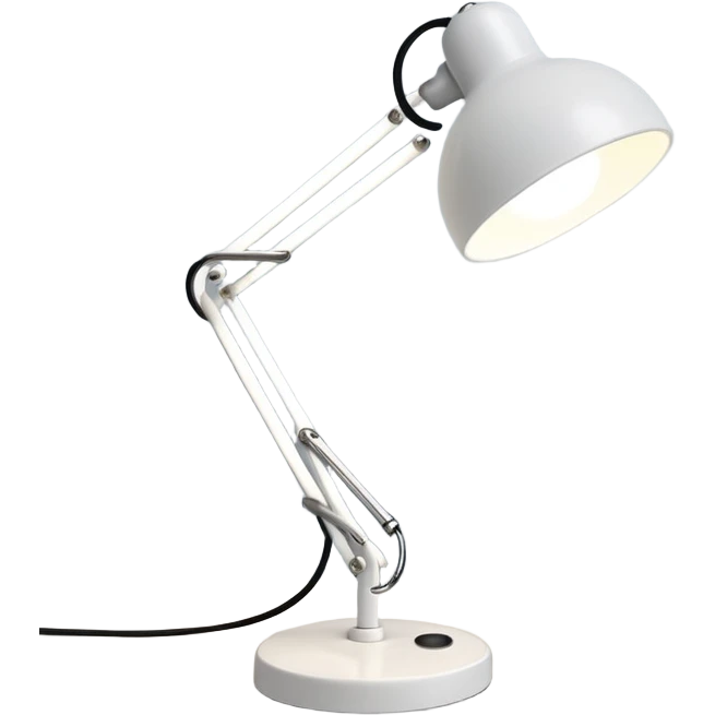 A small white desk lamp with a round base and a flexible, jointed neck. It leans forward playfully, like it’s alive, with a big circular light as its “head.” Iconic and full of character. emoji