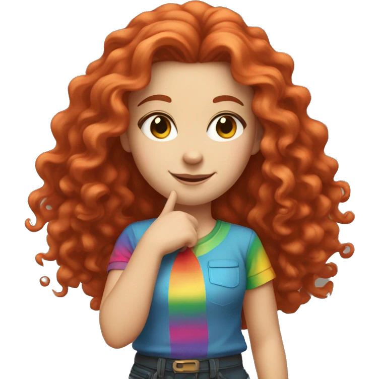 white girl with long red curly hair, wearing a rainbow shirt doing a pose emoji