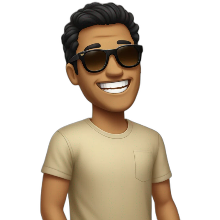 tanned man, with black hair, fade haircut and brown eyes, dressed in a vans skater style, wearing Osacruz sunglasses, is laughing. emoji