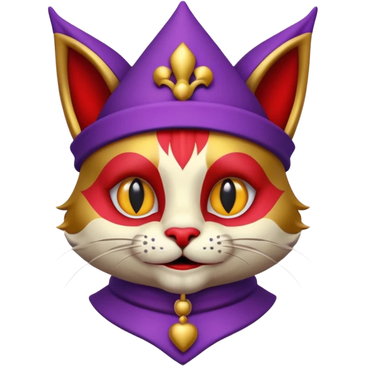 crazy colorful cute little cat jolly joker from poker, medieval, vintage, court jester, mac os icon, purple, gold and red color, half body. Squared shape as 3D mac os icon, symmetrical emoji