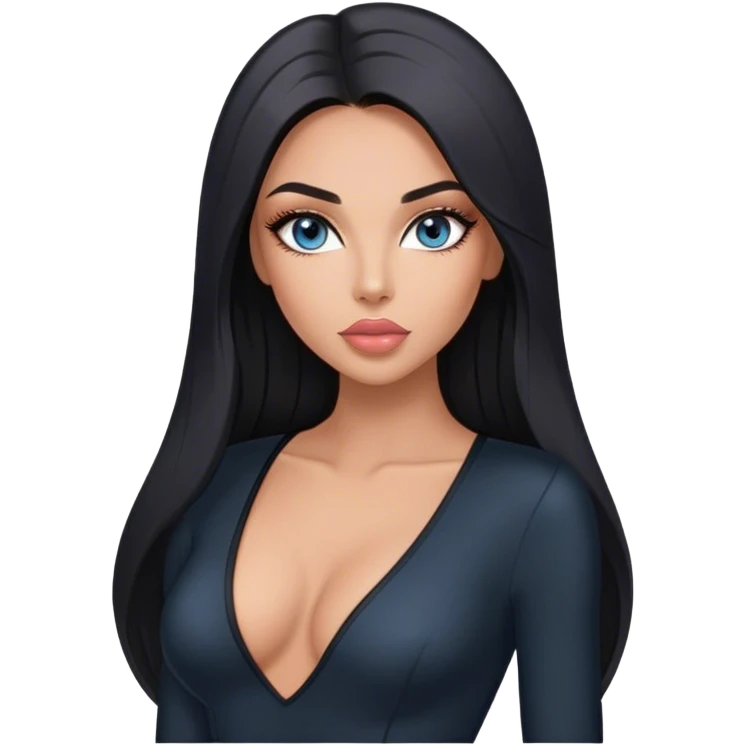 Glamours, tanned, very beautiful girl, with big pump peach-beige-rose lips, long lashes, black straight smooth silky long hair, straight parting hair, blue-grey eyes, in black v-neck bodysuit emoji
