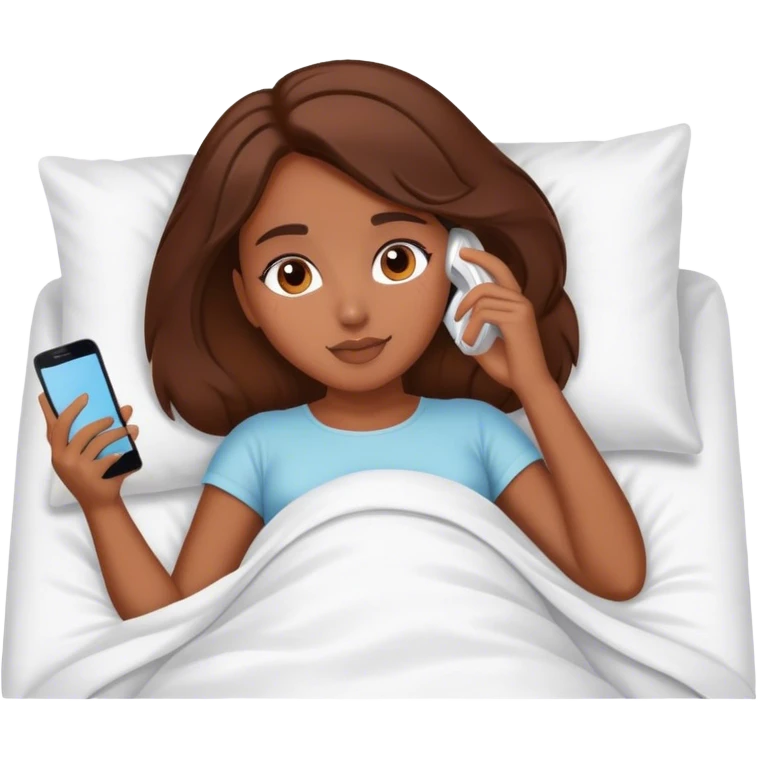Brown hair Girl having skincare on, laying In bed using phone  emoji
