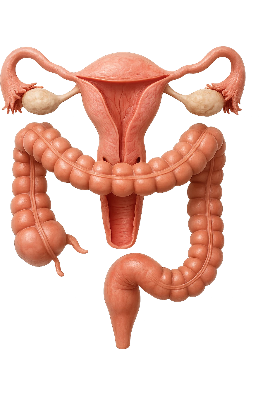 UTERO UMANO ANATOMICO COLLEGATO AD INTESTINO, iperrealistico 4k, SFONDO BIANCO emoji