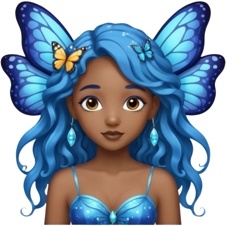 Black girl fairy with long wavy blue hair butterfly wings sparkly emoji