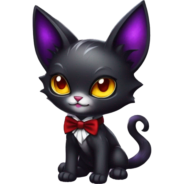Cute-Evil-Vampiric-Batty-Cat-Black-Purple-Red-Yellow-Contrast-Colors-Fantasy-Fur-Sona-Chibi-Shiny-Fakémon-Hybrid with horns and big fangs neck bow white tie leg spats full body emoji