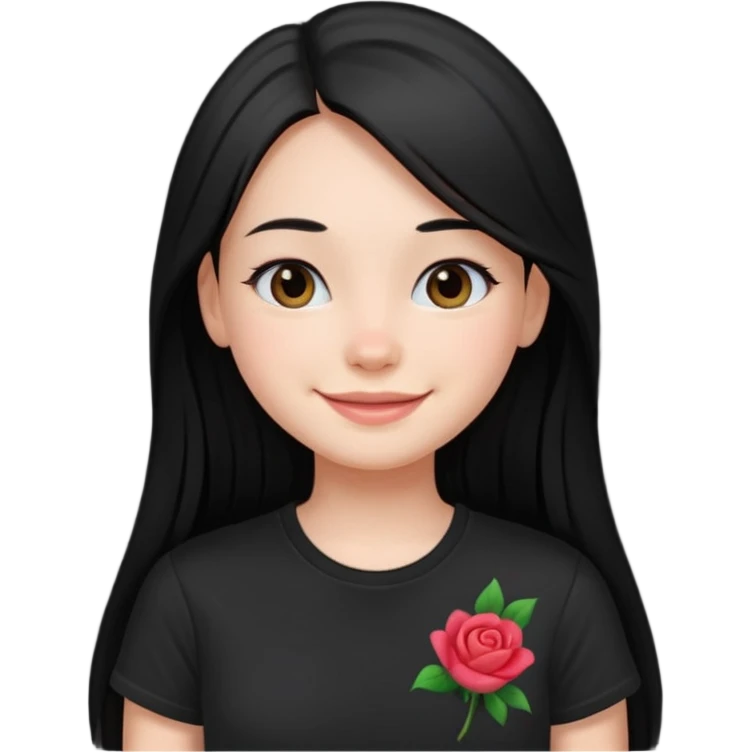 a pretty bratz fair girl with straight long black hair, wearing a black tshirt, smiling emoji