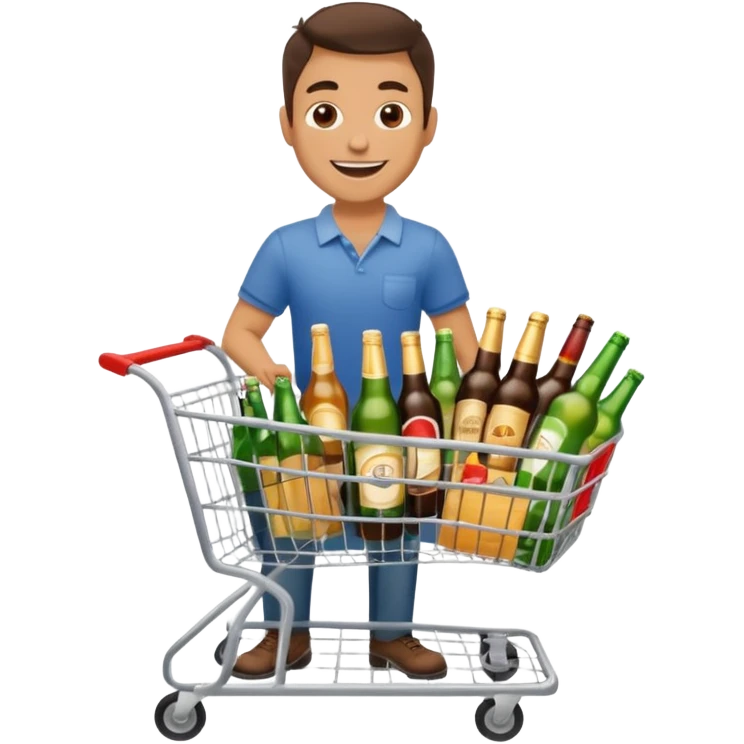 man with a shopping cart full of beers and wines full body emoji