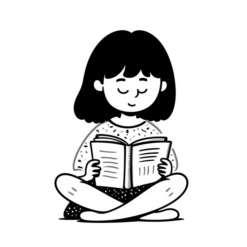 Cute girl sitting cross-legged reading from an open notebook with concentration emoji