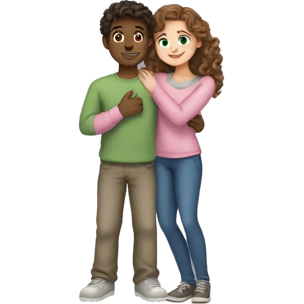 A young man with fair skin, dark hair, green eyes in a gray jumper, hugs a girl with fair skin, brown hair with curls, blue eyes in a pink blouse emoji