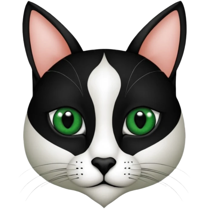 Haz una gata de ojos verdes la cara blanca con mancha negra en las orejas que agarra parte de la frente del lado der pero del iz va desde el ojo hasta la oreja la mancha, tiene la nariz negra en forma de corazón y todo lo que sobra de la cara, barbilla la nariz arriba y el lado de bigotes es blanca emoji