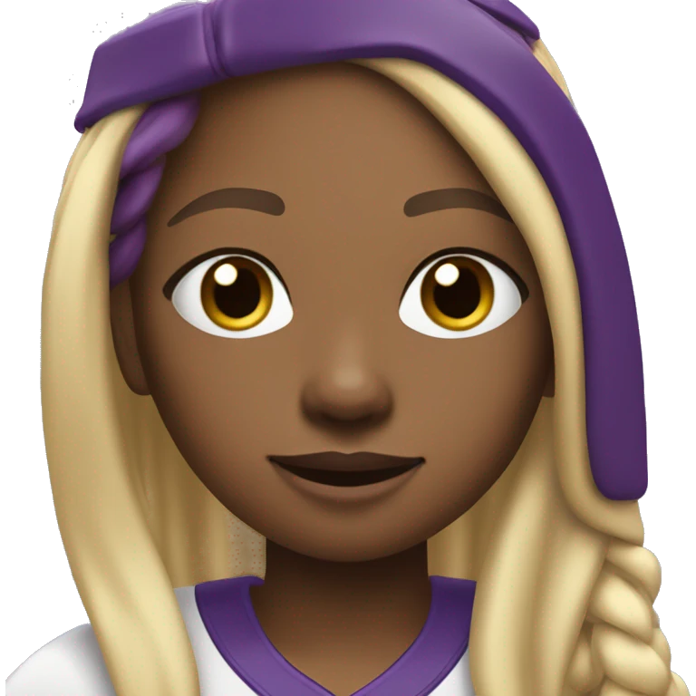 baseball card character. black girl. long hair blonde streaks. letter C logo. Purple and white uniform.  emoji