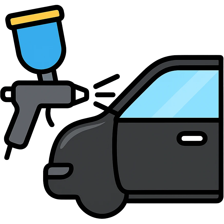 paint spray gun pointing at a section of a car, light layer of glossy black paint spraying out, main color glossy black with silver details, clean lines, modern and clean style, no excess paint emoji
