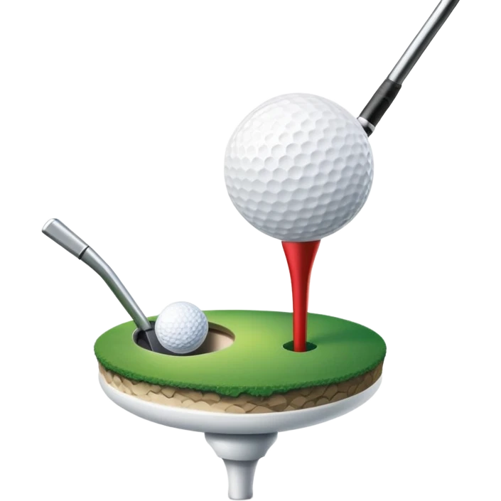 A golf ball on a tee with a golf club placed beside it, set against the backdrop of a well-manicured green golf course. The scene emphasizes the equipment and serene atmosphere of the sport, with soft lighting and a peaceful, open landscape emoji