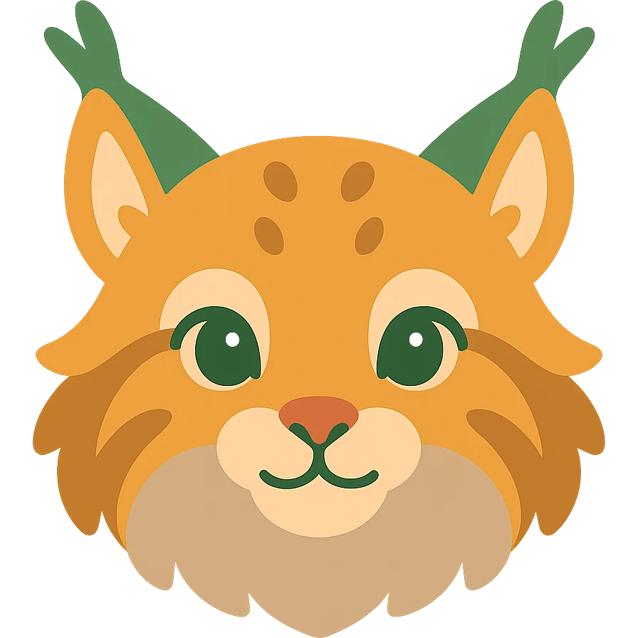 A cute and soft lynx face with big, expressive eyes, designed in a warm and magical color palette: golden orange (FA9B41), forest green (4A7C5C), muted taupe brown (96775A), and pastel peach (FFCC9A). The lynx’s fur is fluffy and soft, with a mix of warm browns and golden highlights. Its ears are tipped with tufts of fur in greenish tones, and its cheeks are gently rounded with subtle peach accents. The eyes are bright and curious, surrounded by soft fur in the warm color palette. The overall look is adorable, serene, and enchanting, evoking a gentle, woodland atmosphere. emoji