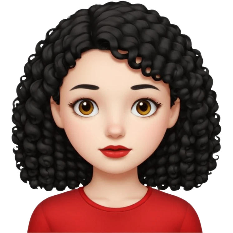 Side part black curly hair girl with mole above left side of lip pale skin red top emoji