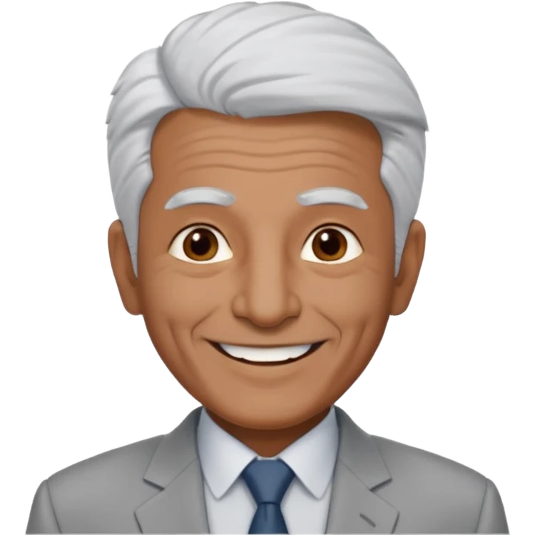 70 yr old man, very short spike white hair, pakistani, light grey business suit, big smile, dark skin, no facial hair
 emoji