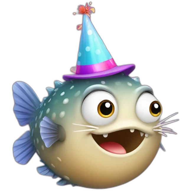 blowfish wearing happy birthday Priya hat (it must say priya) emoji