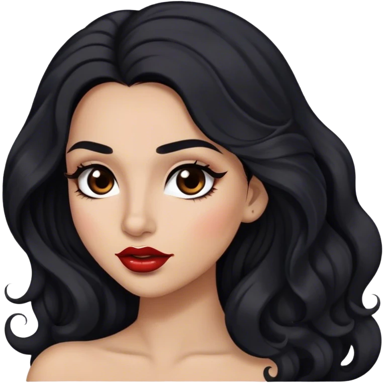 Woman with long black wavy hair, light brown skin complexion, arched dark brown eyebrows, full lashes,redish lips emoji